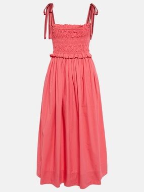 Ulla Johnson Red Coral Smocked Cotton Midi Dress Tie Strap Ruched Pockets Size 8